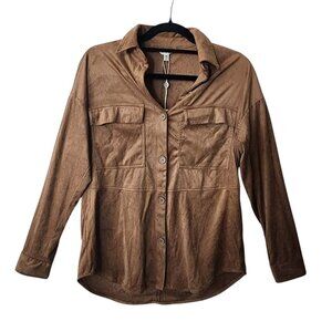 Max Studio Shacket Button Front Shirt Women Vicuna Brown Faux Suede Size XS